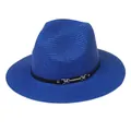 Chapeau Panama bleu roi en paille avec bande en cuir noir et boucle métallique - 56-58cm / Bande de Cuir Noir Avec Boucle Argent / 342-B Bleu Roi
