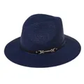 Chapeau Panama bleu marine avec ruban en similicuir noir et boucle dorée élégante - 56-58cm / Bande de Cuir Noir Avec Boucle Or / 342-W Bleu Marine