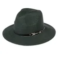 Chapeau Panama vert foncé en paille tressée avec ruban noir et boucle métallique dorée - 56-58cm / Bande de Cuir Noir Avec Boucle Or / 342-C Vert Foncé
