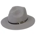Chapeau Panama élégant en paille grise avec ruban noir et boucle en métal doré chic - 56-58cm / Bande de Cuir Noir Avec Boucle Or / 342-J Gris