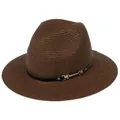 Chapeau Panama classique en paille marron foncé avec bande en cuir noir et boucle dorée - 56-58cm / Bande de Cuir Noir Avec Boucle Or / 342-L Café