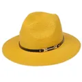 Chapeau Panama tissé jaune vif pour femme avec ruban en cuir noir et boucle dorée élégante - 56-58cm / Bande de Cuir Noir Avec Boucle Or / 342-M Jaune