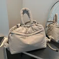 Quilted puffer tote bag in beige brown nylon with drawstring closure and soft padded handles - One Size / Khaki