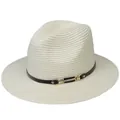 Chapeau Panama en paille beige pour femme avec ruban en cuir noir et boucle d'or - 56-58cm / Bande de Cuir Noir Avec Boucle Or / 342-R Blanc Cassé