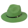 Chapeau Panama tissé vert herbe avec ruban en cuir noir et boucle dorée élégante - 56-58cm / Bande de Cuir Noir Avec Boucle Or / 342-X Vert