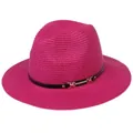 Chapeau Panama en paille rose fuchsia avec ruban cuir noir et boucle dorée - 56-58cm / Bande de Cuir Noir Avec Boucle Or / 342-K Rose Rouge