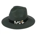 Chapeau Panama en paille vert foncé avec ruban décoratif en perles et fleurs - 56-58cm / Décoration de Ruban Perles et Fleurs / Vert Foncé