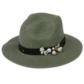 Chapeau Panama en paille vert olive avec ruban noir orné de perles et petites fleurs - 56-58cm / Décoration de Ruban Perles et Fleurs / Vert Militaire