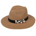 Chapeau Panama en paille marron clair orné de perles et ruban à fleurs chic - 56-58cm / Décoration de Ruban Perles et Fleurs / Kaki