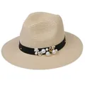 Chapeau Panama crème pour femme avec ruban noir, fleurs blanches et perles déco - 56-58cm / Décoration de Ruban Perles et Fleurs / Beige