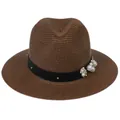 Chapeau Panama en paille marron foncé avec ruban noir, perles blanches et fleurs - 56-58cm / Décoration de Ruban Perles et Fleurs / Café
