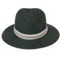 Chapeau Panama vert foncé en paille avec bandeau de perles et détails de chaîne dorée - 56-58cm / Décoration à double rangée de perles artificielles et chaîne dorée / Vert Foncé