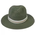 Chapeau Panama vert foncé en paille avec ruban de perles et fine chaîne dorée - 56-58cm / Décoration à double rangée de perles artificielles et chaîne dorée / Vert Militaire