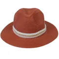 Chapeau Panama en paille rouge rouille avec ruban perlé et chaîne dorée - 56-58cm / Décoration à double rangée de perles artificielles et chaîne dorée / Couleur caramel