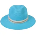 Chapeau Panama bleu roi pour femme avec bordure élégante en perles et chaîne dorée - 56-58cm / Décoration à double rangée de perles artificielles et chaîne dorée / Bleu lac