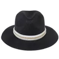 Chapeau Panama en paille noire pour femme avec ruban de perles et chaîne dorée - 56-58cm / Décoration à double rangée de perles artificielles et chaîne dorée / Noir