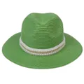 Chapeau Panama vert pour femmes orné de perles blanches et d'une chaîne dorée - 56-58cm / Décoration Double Rangée Perles Chaîne Or / 344-X Vert