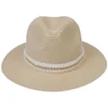 Chapeau Panama en paille beige pour femme avec ruban élégant de perles et chaîne dorée - 56-58cm / Décoration Double Rangée Perles Chaîne Or / 344-i Beige
