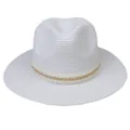 Chapeau Panama blanc en paille avec ruban décoratif en perles et chaîne dorée - 56-58cm / Décoration Double Rangée Perles Chaîne Or / 344-G Blanc