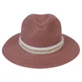 Chapeau de soleil Panama rose poudré pour femme avec détails de perles et de chaînes - 56-58cm / Décoration Double Rangée Perles Chaîne Or / 344-O Rose Poudré