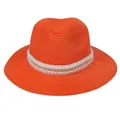 Chapeau Panama orange vif avec ruban en dentelle blanche, perles et chaîne dorée - 56-58cm / Décoration Double Rangée Perles Chaîne Or / 344-Q Orange