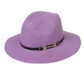 Chapeau Panama en paille violette avec ruban noir et boucle dorée pour femme - 56-58cm / Bande de Cuir Noir Avec Boucle Or / 342-N Violet
