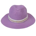 Chapeau Panama élégant en paille violette avec ruban blanc, perles et chaîne dorée - 56-58cm / Décoration Double Rangée Perles Chaîne Or / 344-N Violet