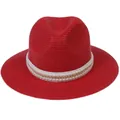 Chapeau Panama rouge élégant avec texture tissée, orné de perles et chaîne dorée - 56-58cm / Décoration Double Rangée Perles Chaîne Or / 344-H Rouge