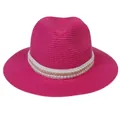 Chapeau Panama rose vif en paille tressée avec chaîne en perles et détails dorés - 56-58cm / Décoration De Perles Artificielles Et Chaînes Dorées (344-K) / Rose rouge