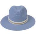 Chapeau Panama bleu clair avec texture tissée, garni de perles et d'une chaîne dorée - 56-58cm / Décoration De Perles Artificielles Et Chaînes Dorées (344-P) / Bleu ciel