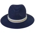 Chapeau Panama en paille bleu marine avec ruban blanc et détails de perles - 56-58cm / Décoration De Perles Artificielles Et Chaînes Dorées (344-W) / Bleu marine