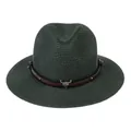 Chapeau Panama vert foncé en paille avec bande en cuir et emblème de tête de taureau - 56-58cm / Décoration De Bande De Cuir À Rivets Tête De Taureau (345-C) / Vert Foncé