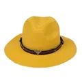 Chapeau Panama en paille jaune vif avec ruban en cuir et boucle de crâne de taureau - 56-58cm / Bande de Cuir à Rivets Tête de Taureau / Jaune