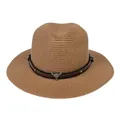 Chapeau Panama en paille kaki avec ruban en cuir brun et ornement tête de taureau - 56-58cm / Bande de Cuir à Rivets Tête de Taureau / Kaki