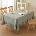 Green and white plaid cotton tablecloth with elegant ruffled edges for dining room tables - Ruffle Style / 132cm x 178cm / Green Plaid