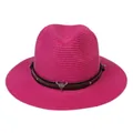 Chapeau Panama fuchsia avec ruban en cuir marron, crâne de taureau argenté et rivets - 56-58cm / Bande de Cuir à Rivets Tête de Taureau / Rose rouge