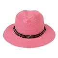 Chapeau Panama rose en paille avec ceinture en cuir et ornement tête de taureau - 56-58cm / Bande de Cuir à Rivets Tête de Taureau / Rose