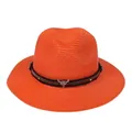 Chapeau Panama tissé orange avec boucle en métal tête de taureau et lanière en cuir brun - 56-58cm / Bande de Cuir à Rivets Tête de Taureau / Orange