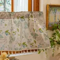 Rustic leaf print cafe curtain with cotton tassels and farmhouse linen texture - 140x45cm / Blue-Green Leaves with Tassels (Rod Pocket)