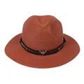 Chapeau Panama marron rouge avec bande en cuir noir et ornement de tête de taureau - 56-58cm / Bande de Cuir à Rivets Tête de Taureau / Couleur caramel