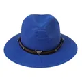 Chapeau Panama bleu roi avec bande en cuir marron et accent tête de buffle argent - 56-58cm / Bande de Cuir à Rivets Tête de Taureau / Bleu royal