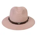 Chapeau Panama pour femme en paille rose pâle avec ruban en cuir et motif tête de taureau - 56-58cm / Bande de Cuir à Rivets Tête de Taureau / Rose chair