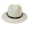 Chapeau Panama blanc avec bande en cuir, logo tête de buffle argenté et rivets - 56-58cm / Bande de Cuir à Rivets Tête de Taureau / Crème