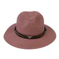 Chapeau Panama en paille rose poudré avec bande en cuir et tête de taureau - 56-58cm / Bande de Cuir à Rivets Tête de Taureau / Rose Poudré