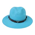 Chapeau Panama bleu ciel avec bande en cuir marron et pendentif tête de taureau - 56-58cm / Bande de Cuir à Rivets Tête de Taureau / Bleu lac
