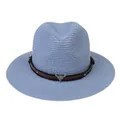 Chapeau Panama bleu clair avec bande en cuir à rivets et ornement tête de taureau argent - 56-58cm / Bande de Cuir à Rivets Tête de Taureau / Bleu ciel