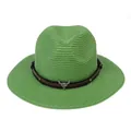 Chapeau Panama pour femme en paille verte avec ruban cuir et décoration crâne de taureau - 56-58cm / Bande de Cuir à Rivets Tête de Taureau / Vert