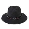 Chapeau Panama en paille noire avec ruban en cuir à rivets et tête de taureau argentée - 56-58cm / Style Ceinture à Rivets Tête de Taureau (345) / Noir