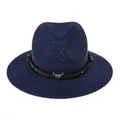 Chapeau Panama en paille bleu marine avec bandeau en cuir et ornement tête de taureau - 56-58cm / Style Ceinture à Rivets Tête de Taureau (345) / Bleu marine