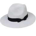 Chapeau Panama blanc en paille avec ruban satiné noir et nœud pour protection solaire - 56-58cm / Style Nœud en Ruban (346) / Blanc